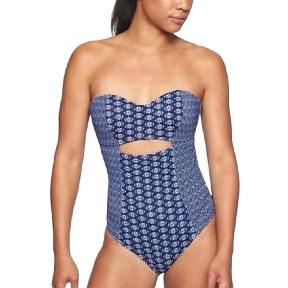 Athleta Tangier Keyhole Cutout Blue Tile Peep 1 Piece swimsuit  Size L
